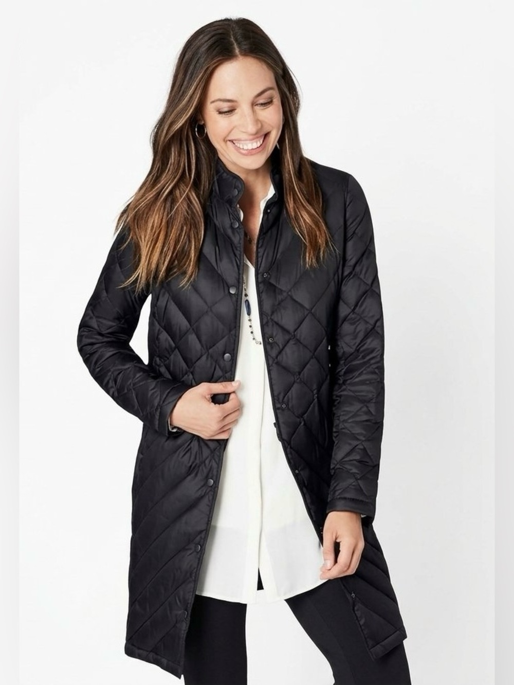 J. Jill Black Chevron Quilted Down Puffer Jacket Coat Size XL